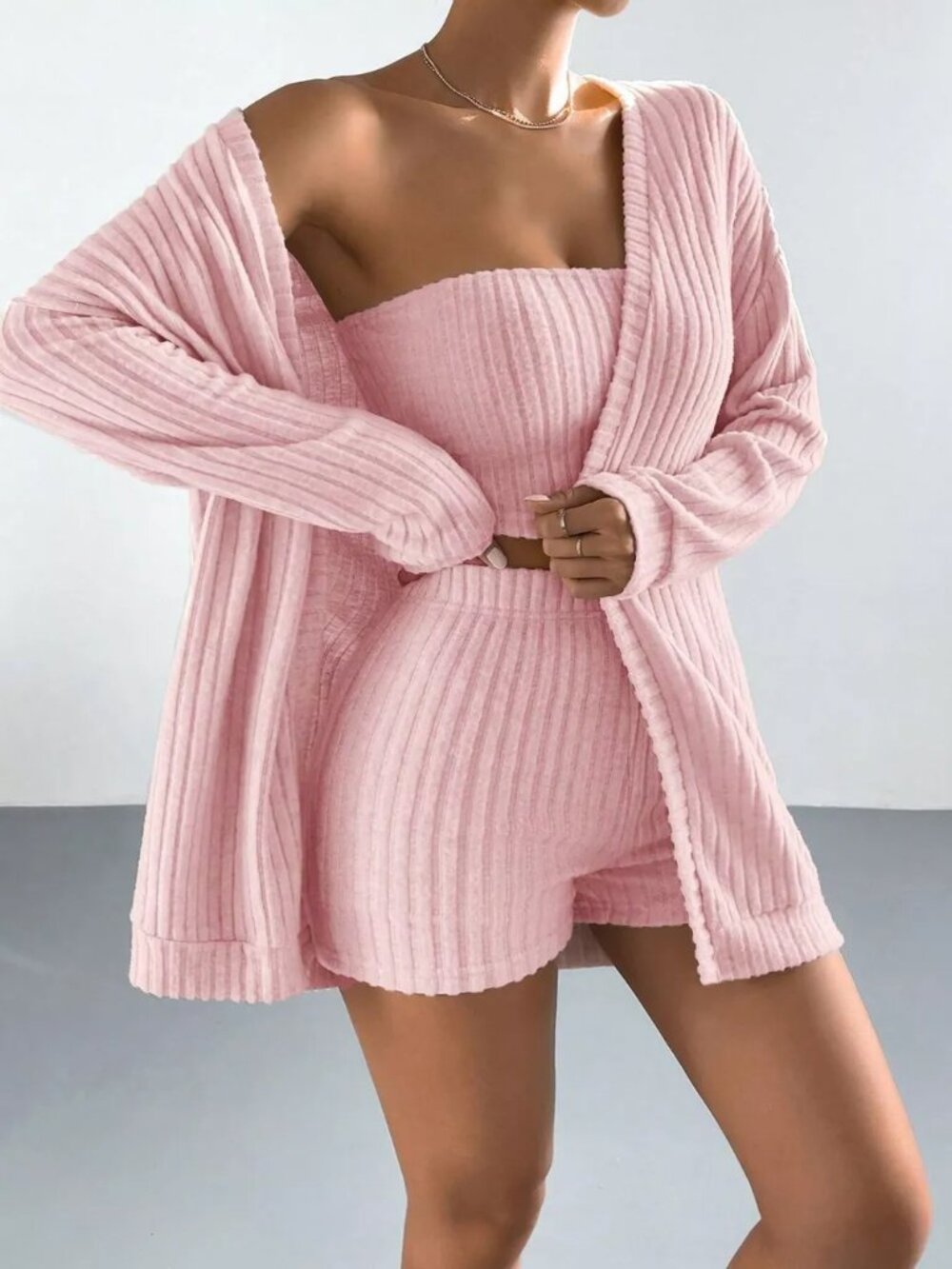 3-Piece Ribbed Knit Cardigan & Tube Top and Shorts Set